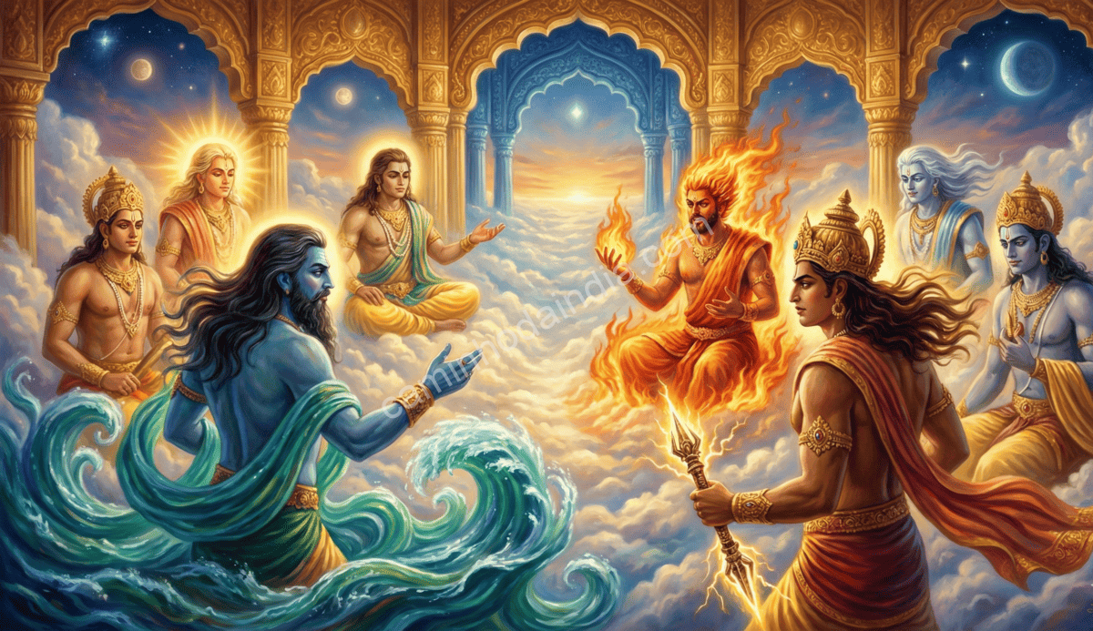 Agni e Varuna conversam preocupados sobre o poder cada vez maior de Hiranyaksha, debatendo quais medidas devem tomar para impedir sua ascensão descontrolada