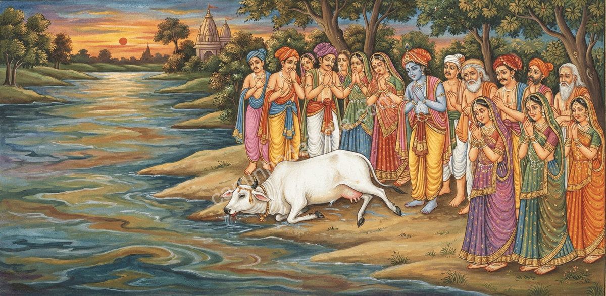 Aldeões observando com tristeza uma vaca morta na margem do rio Yamuna