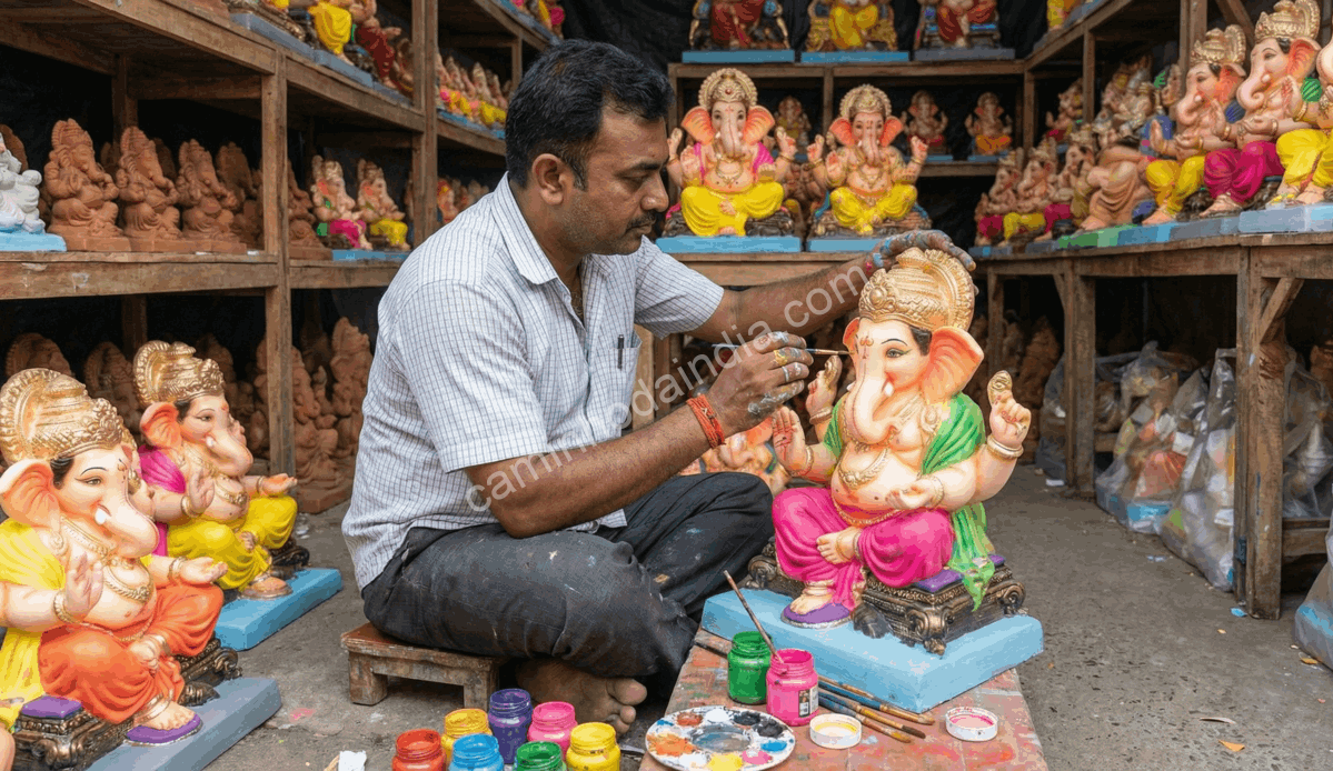Artista aplicando os últimos retoques de pintura em um ídolo de Ganesha antes do início do Ganesh Chaturthi