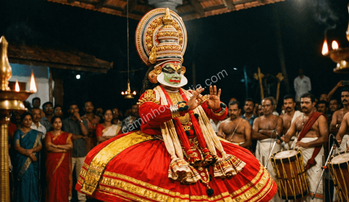 Artista de Kathakali realizando uma apresentação tradicional durante o festival de Onam em um templo de Kerala