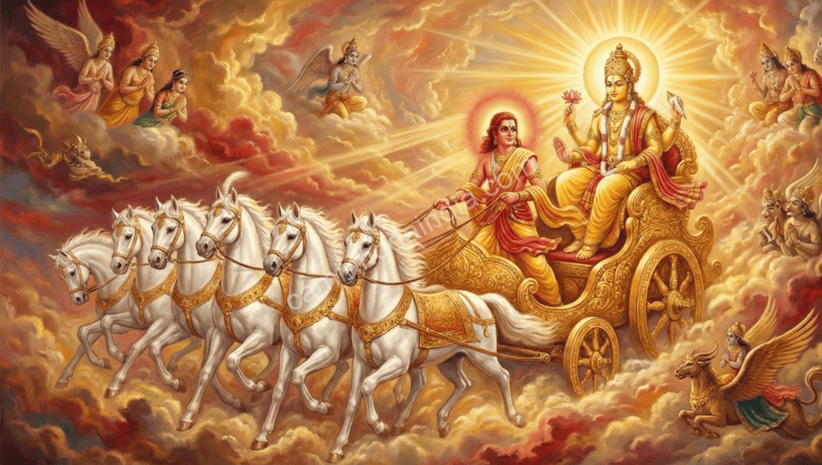 Aruna, irmão de Garuda, conduzindo o carro do deus Sol