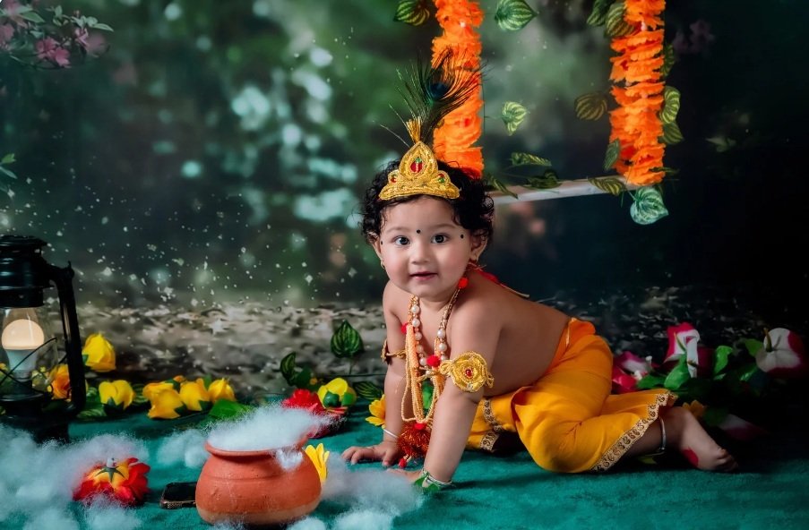 bebe-vestido-como-krishna Pequeno bebê vestido como o Senhor Krishna, celebrando Janmashtami com ternura e devoção