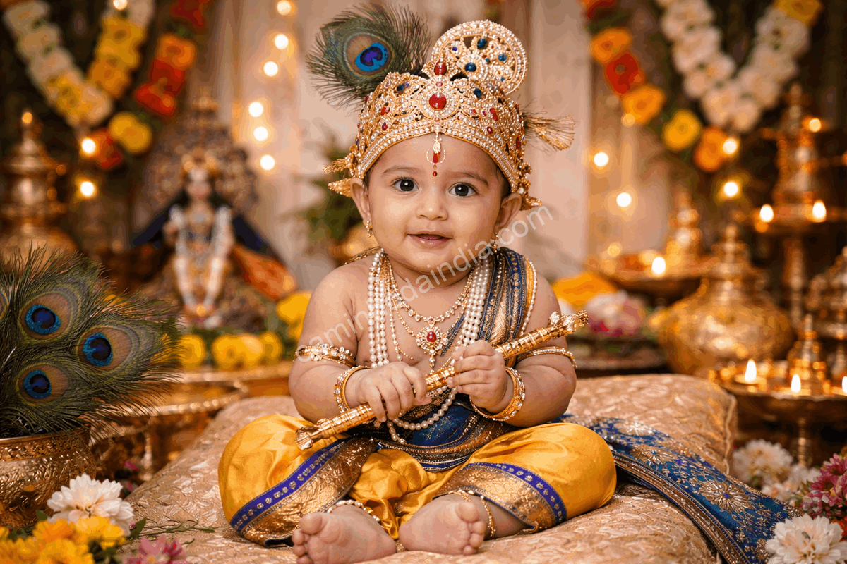 bebe-vestido-como-krishna-janmashtami Bebê vestido como Krishna durante o Janmashtami, representando devoção, ternura e a alegria da celebração do nascimento de Krishna