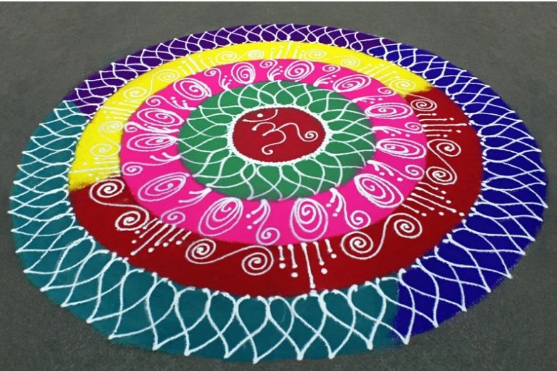 belo-rangoli-no-chao Um belo rangoli colorido desenhado no chão para a celebração de Diwali