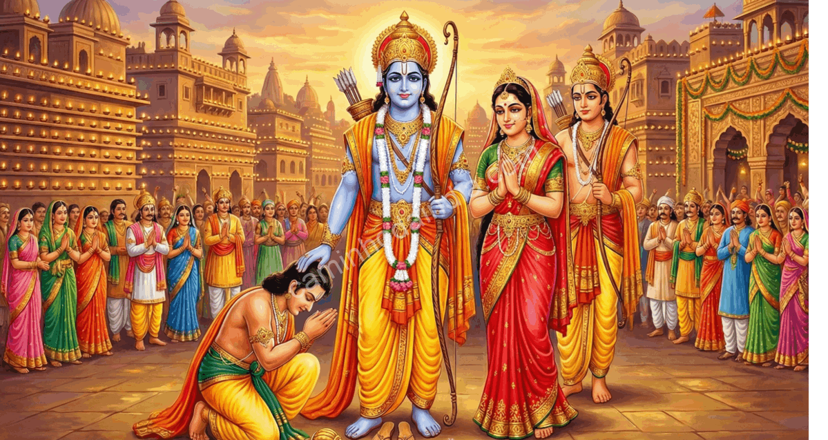 bharata-reverencia-rama-retorno-ayodhya Bharata se inclina em reverência diante de Rama, Sita e Lakshmana após o retorno a Ayodhya ao fim do exílio
