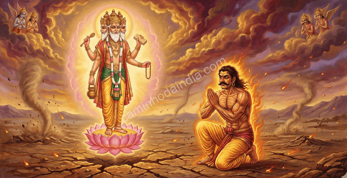 Brahma concedendo uma dádiva a Hiranyakashipu após ficar satisfeito com sua intensa penitência