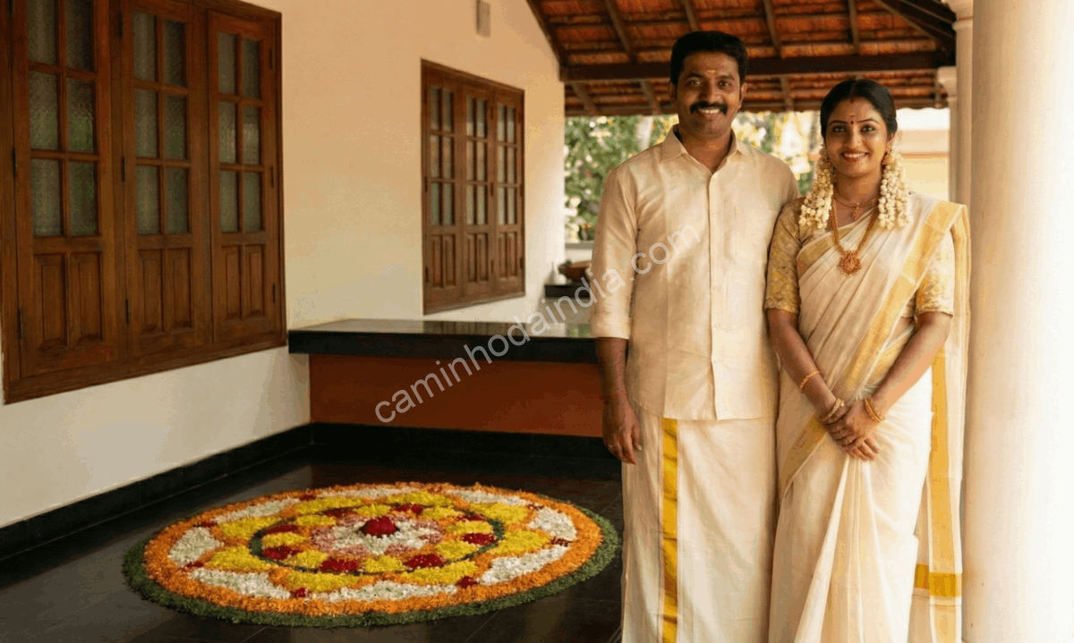 Casal keralita vestido com trajes tradicionais de Onam — kasavu saree e mundu