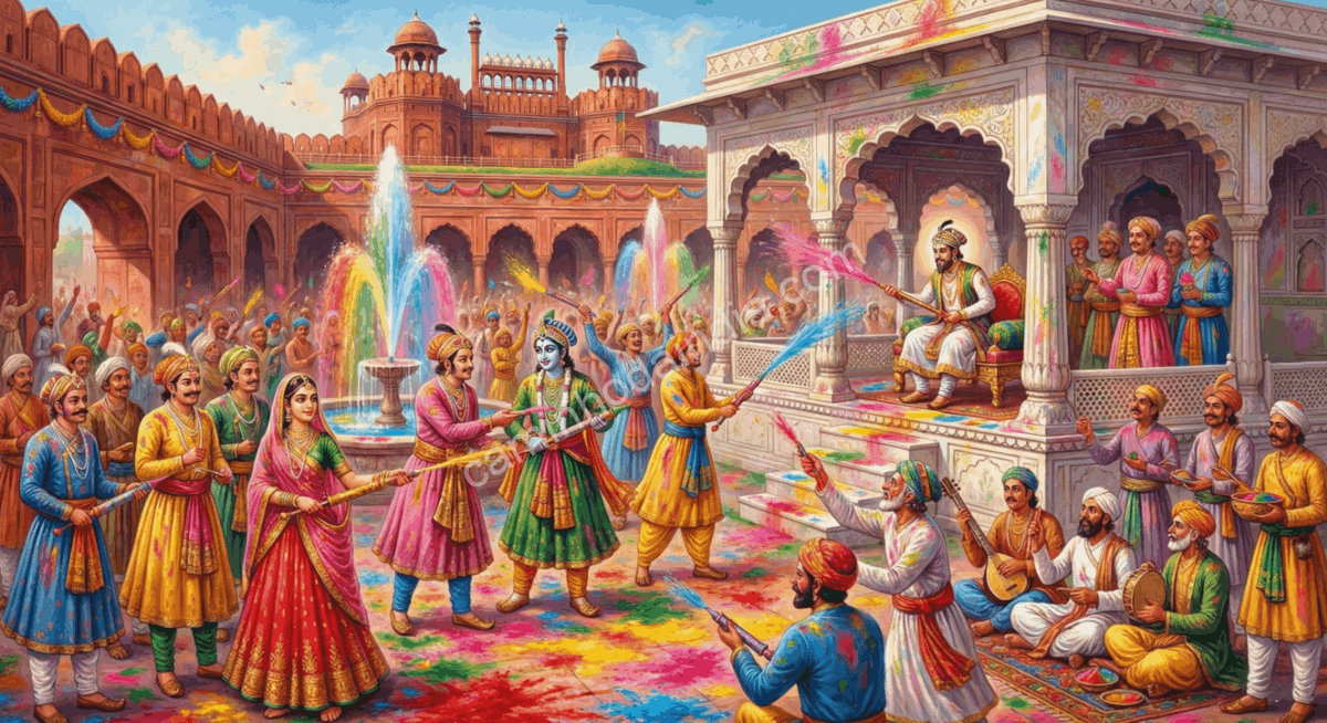 Celebração de Holi no Forte Vermelho de Delhi durante a era mogol, com a corte imperial participando do festival das cores