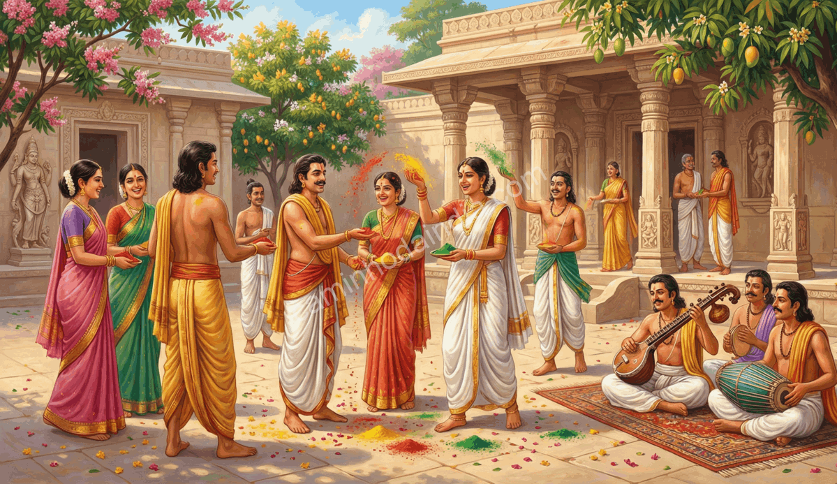 Celebração de Holi durante o período Gupta, com pessoas reunidas em um festival primaveril com música, cores naturais e alegria coletiva