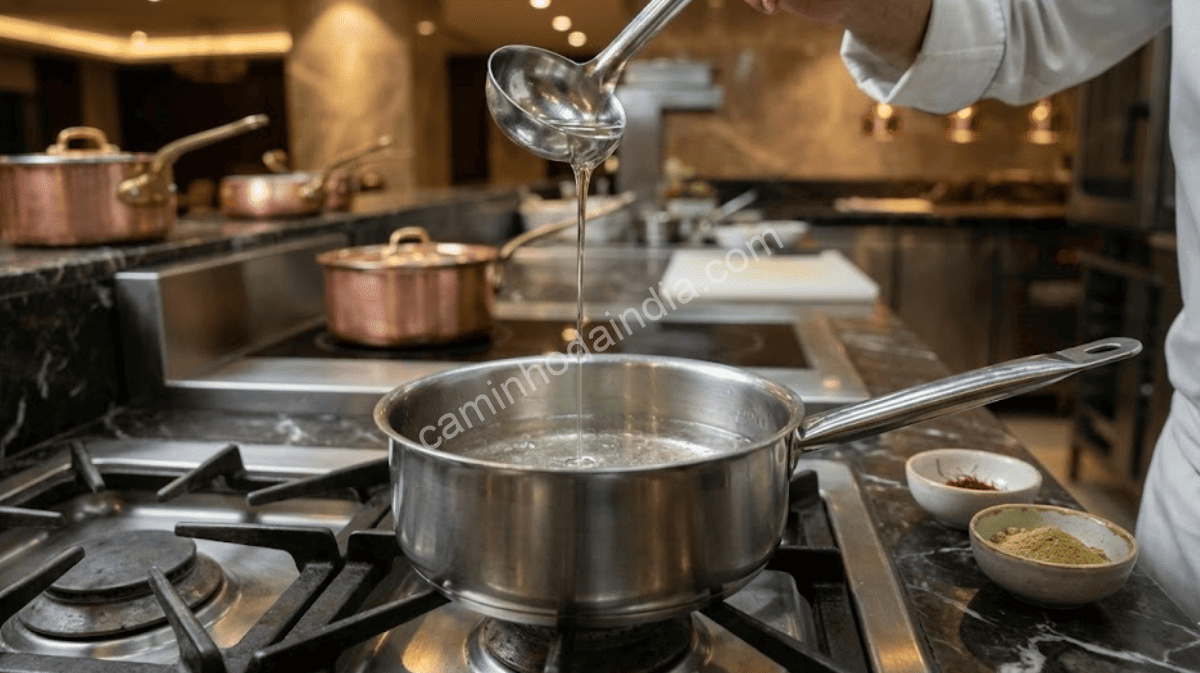 Chef preparando a calda de açúcar aromática usada no jalebi