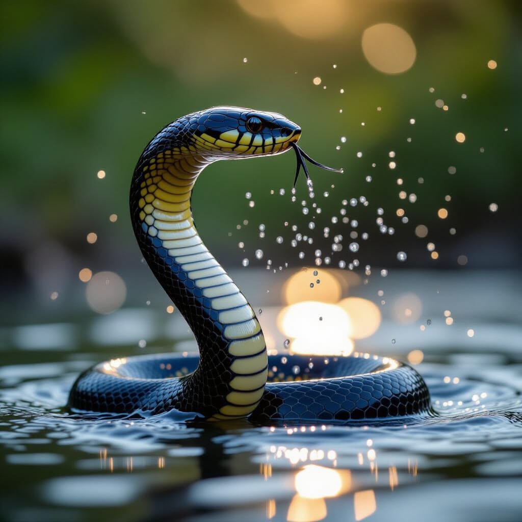 cobra-sibilando Cobra em posição de ataque, sibilando e exibindo seu capuz estendido, simbolizando alerta e defesa