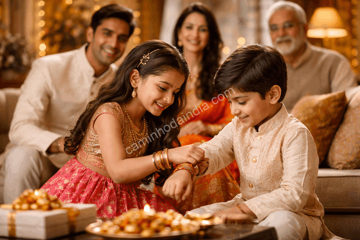 crianca-amarrando-rakhi-irmao-familia-indiana Uma criança amarra um rakhi no pulso do irmão, aprendendo desde cedo o ritual do Raksha Bandhan em uma família indiana