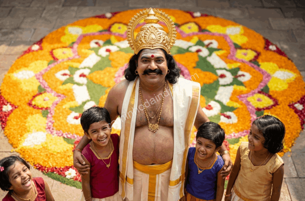 criancas-com-homem-vestido-rei-mahabali-onam Crianças posam ao lado de um homem vestido como o rei Mahabali durante as celebrações de Onam