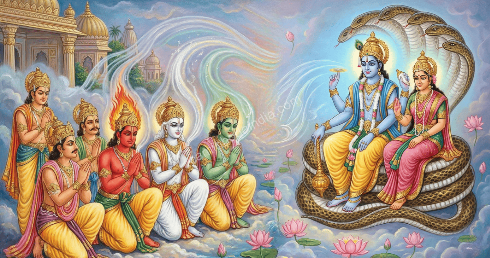 Os deuses procuram Vishnu e o persuadem a intervir para conter Mahabali, cuja crescente influência começa a preocupar os mundos celestiais