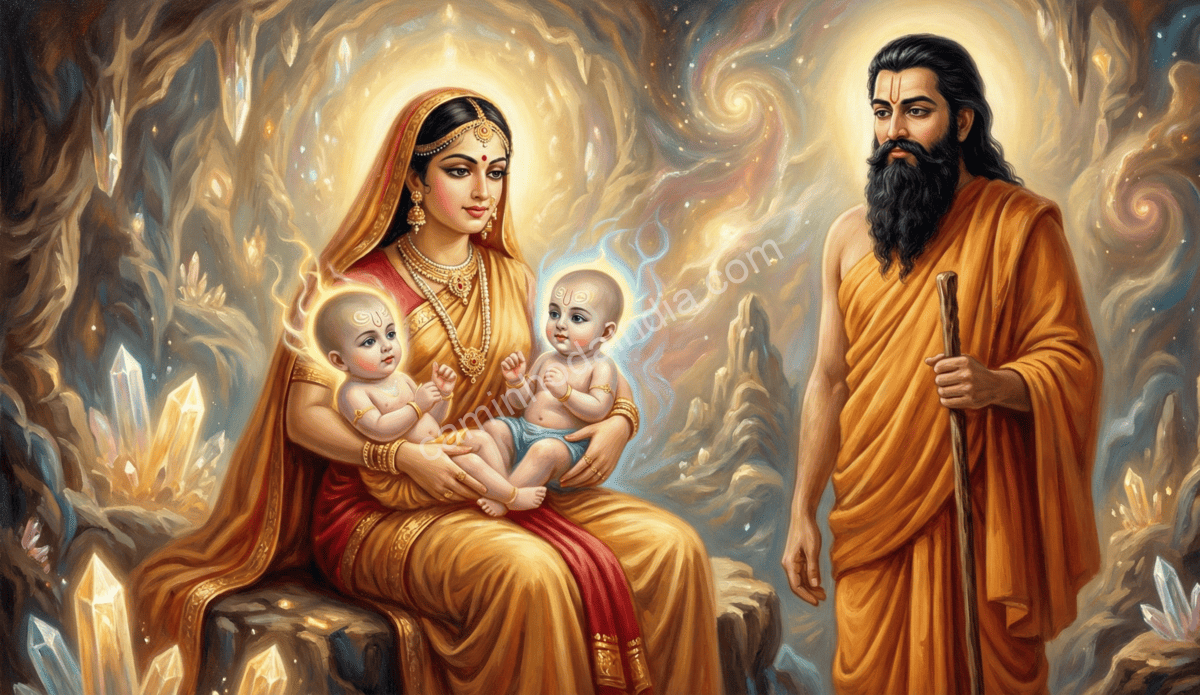 Diti e o sábio Kashyapa com seus recém-nascidos gêmeos Hiranyaksha e Hiranyakashipu