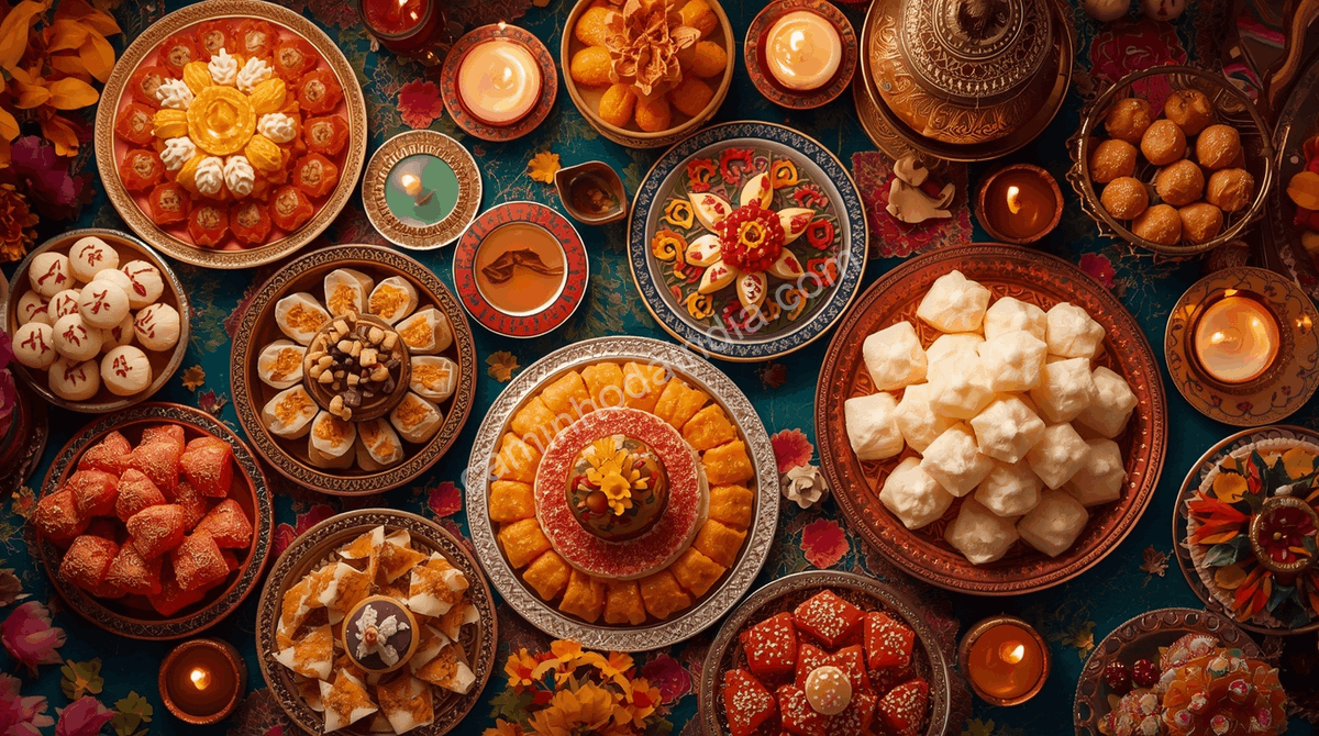 Diferentes variedades de doces tradicionais são compartilhadas entre amigos e famílias durante as celebrações de Diwali