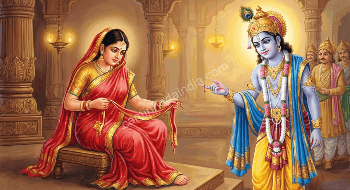 draupadi-krishna-gesto-simbolico-raksha-bandhan Draupadi rasga um pedaço de seu sari para estancar o sangramento no dedo de Krishna, em um gesto espontâneo de compaixão e devoção