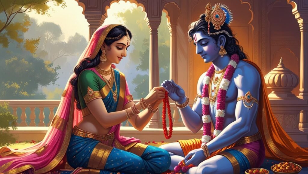 draupadi-tying-rakh-Krishna Representação de Draupadi amarrando um rakhi na mão de Krishna durante o Raksha Bandhan