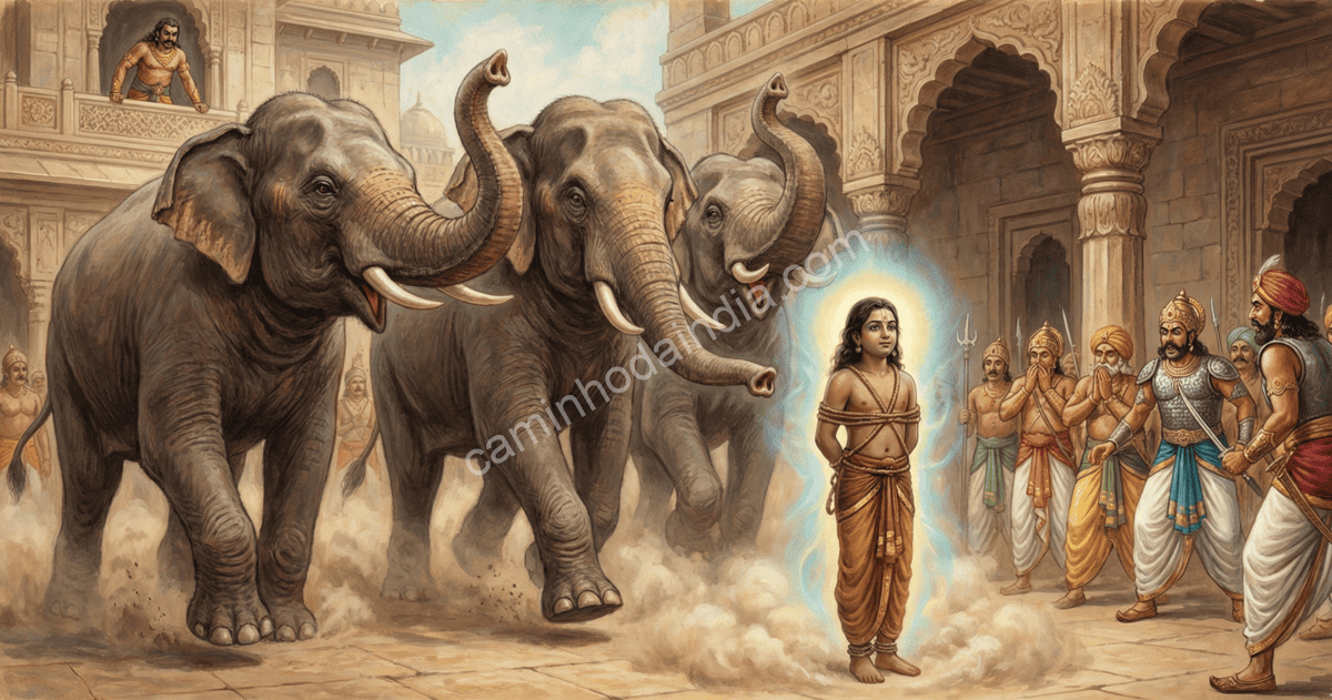 Elefantes enfurecidos avançam contra Prahlada, que permanece calmo e protegido