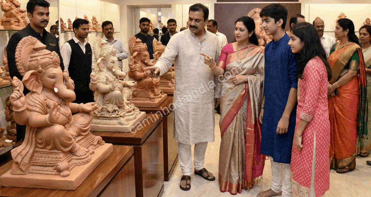 familia-escolhendo-idolo-ganesha-antes-ganesh-chaturthi Família escolhendo o ídolo de Ganesha antes do início do festival de Ganesh Chaturthi