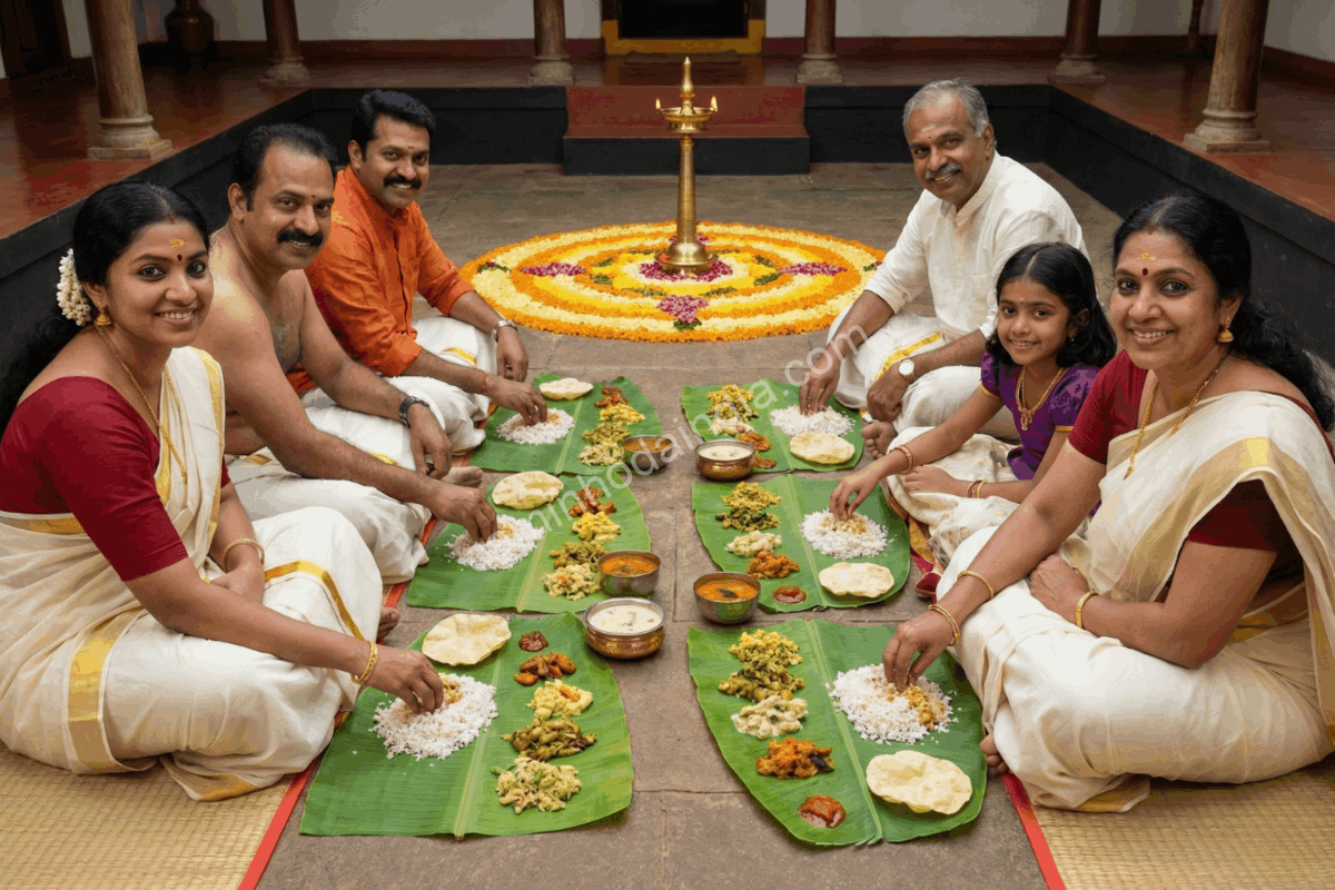 familia-keralita-celebrando-onam-com-sadya Família keralita sentada no chão compartilhando a refeição tradicional sadya durante o festival de Onam
