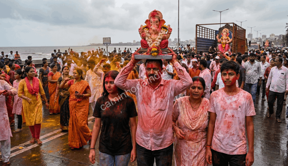 familia-levando-ganpati-para-visarjan Família levando o ídolo de Ganpati para o ritual de Visarjan