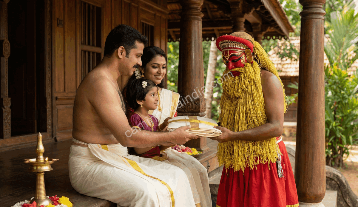 Família oferece roupas ao Onapottan como gesto de boa vontade durante as celebrações de Onam