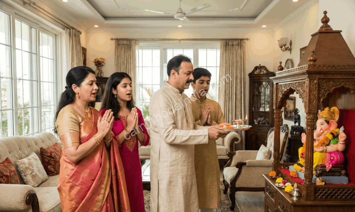 familia-realizando-aarti-ritual-devocional Família realizando aarti em um ritual devocional diante do ídolo