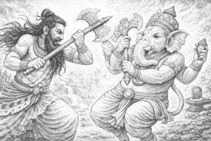Parashurama lutando contra Ganpati, mostrando intensidade e energia divina no confronto
