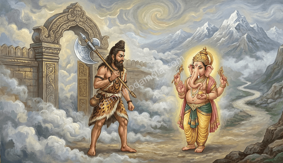 ganesha-impedindo-parashurama-de-encontrar-shiva-e-parvati Ganesha impedindo Parashurama de se aproximar de Shiva e Parvati