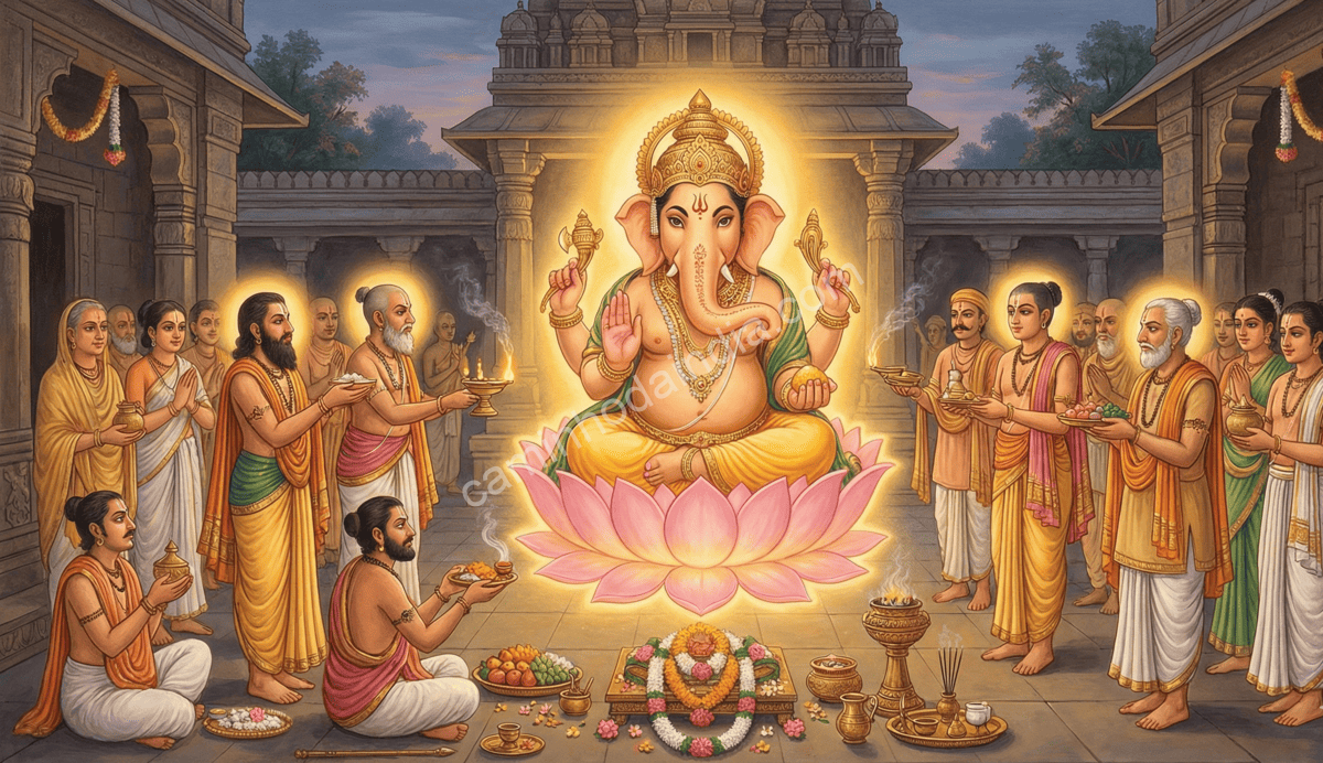ganesha-invocado-antes-de-rituais-auspiciosos Ilustração representando a invocação de Ganesha antes de qualquer ritual auspicioso