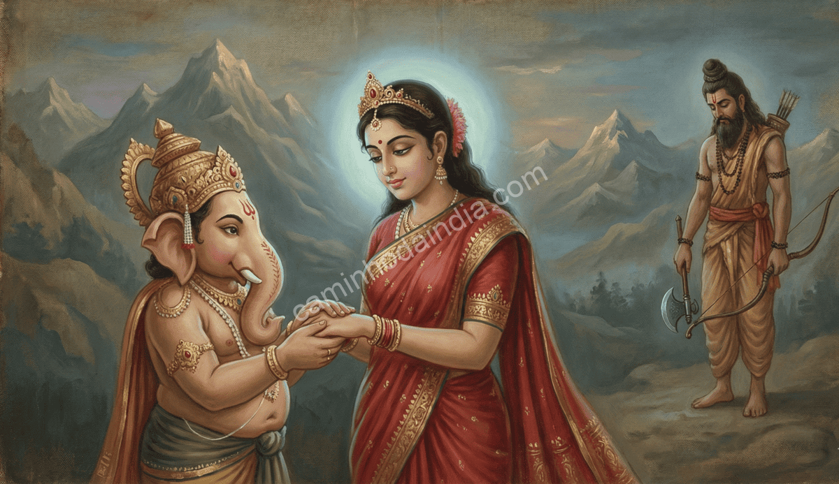 ganesha-segurando-maos-de-parvati-para-acalma-la Ganesha segurando calmamente as mãos de Parvati para acalmá-la