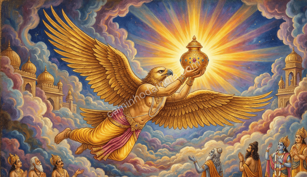 garuda-conquistando-o-amruta Garuda voando pelos céus carregando o pote de amrita, o néctar da imortalidade