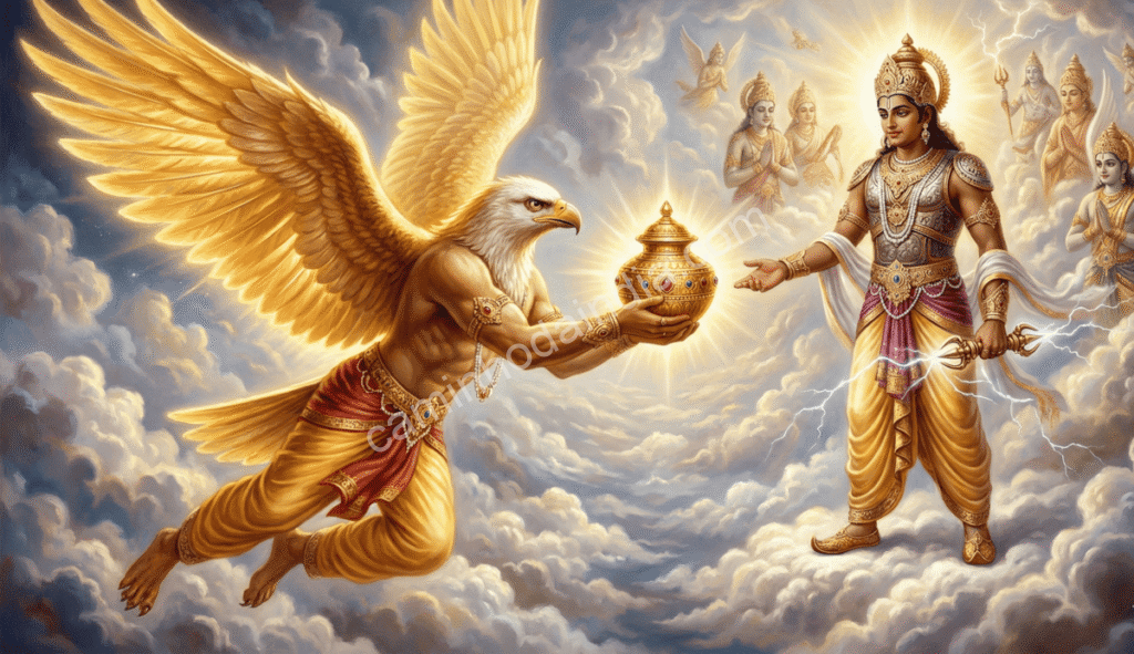 Garuda devolvendo o pote de amruta a Indra depois de libertar sua mãe Vinata