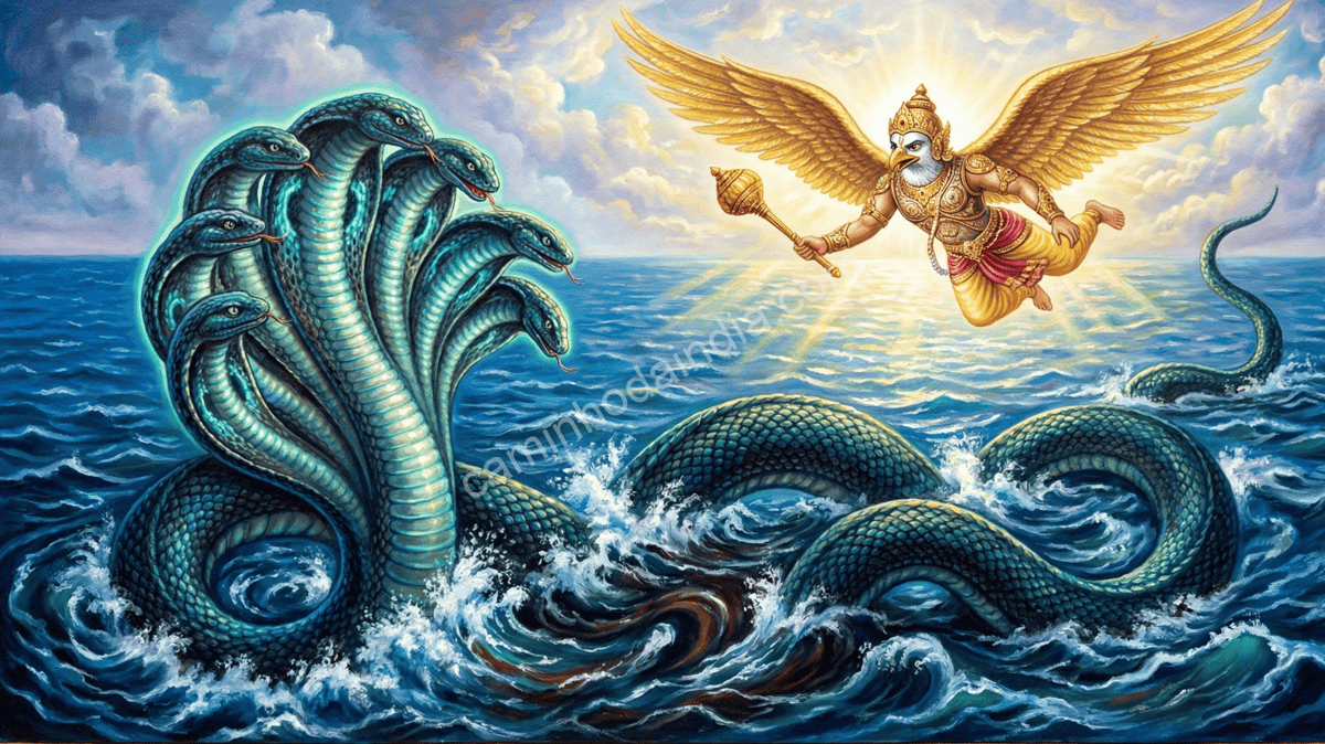 Garuda, com seu poder imponente, obriga a serpente Kaliya a abandonar o oceano