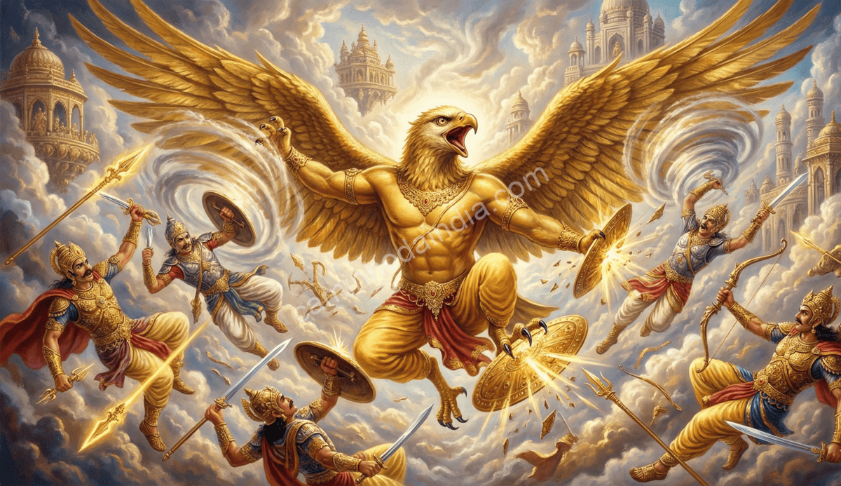 Garuda lutando contra os guardiões do amruta
