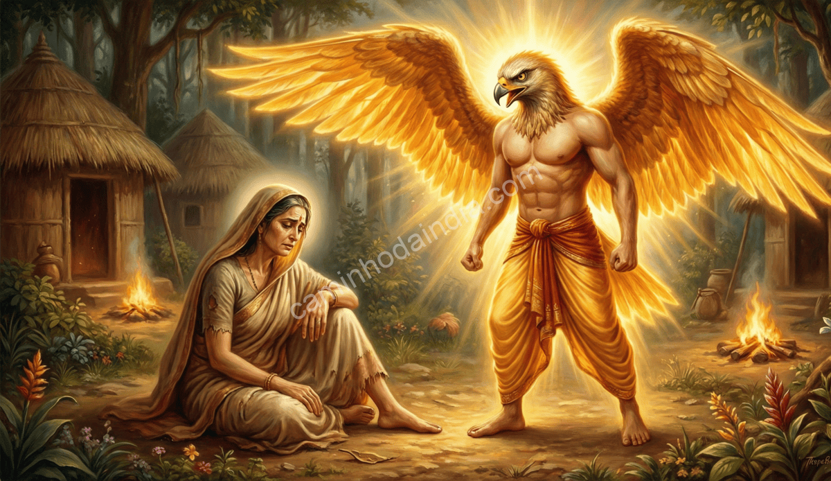 Garuda promete à sua mãe Vinata que fará tudo para libertá-la de sua escravidão, gesto que marca sua coragem e devoção filial nas antigas narrativas indianas