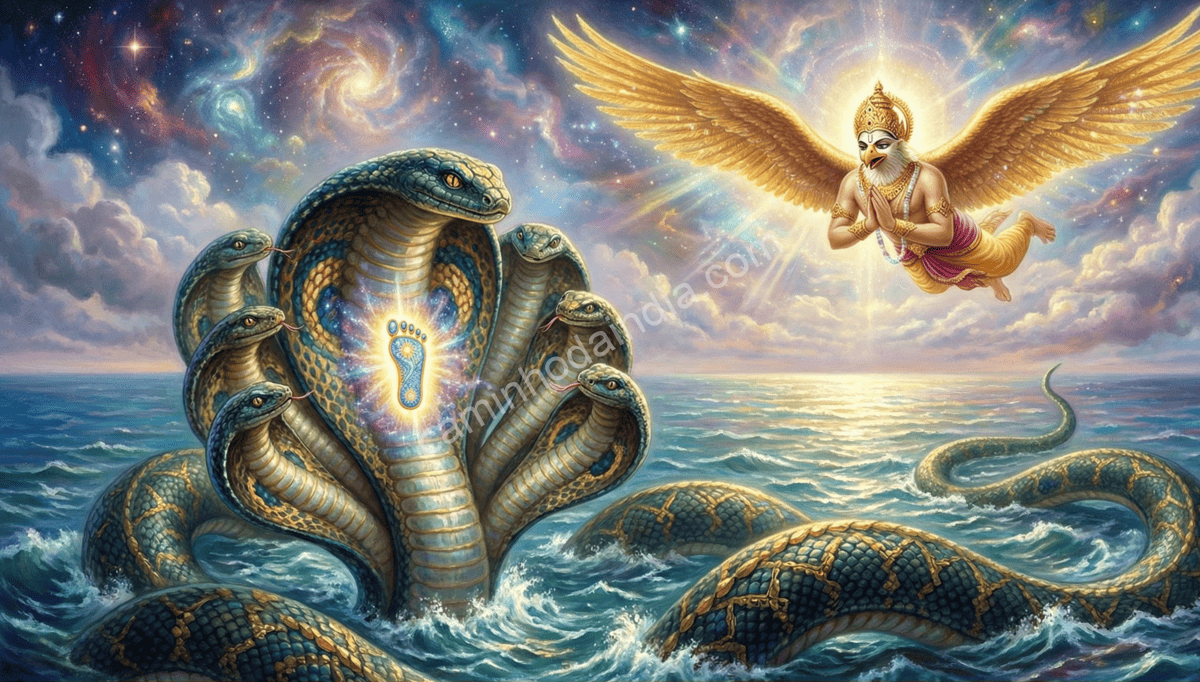 Garuda demonstrando respeito por Kaliya ao ver a marca do pé de Krishna em seu corpo