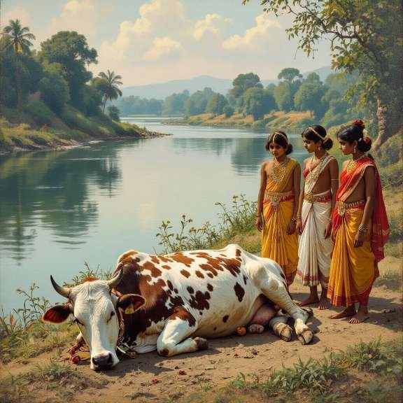 gopis-vendo-vaca-morta-rio-yamuna Gopis observando uma vaca morta na margem do rio Yamuna, com expressão de tristeza e desespero.