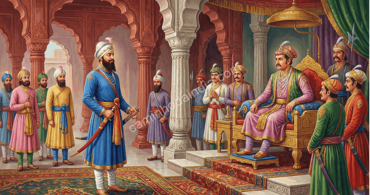 Guru Hargobind Sahib confronta o imperador Jahangir na corte mogol e exige a libertação dos príncipes hindus presos