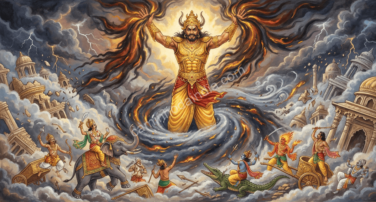 hiranyakashipu-derrota-deuses-toma-indra-loka Hiranyakashipu derrota os deuses e assume o trono do Indra Loka.