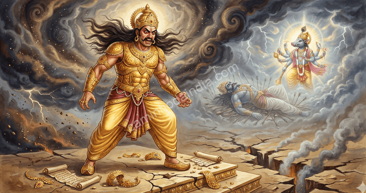 hiranyakashipu-furioso-morte-de-hiranyaksha-por-varaha Hiranyakashipu enfurecido ao descobrir que seu irmão Hiranyaksha foi morto por Varaha