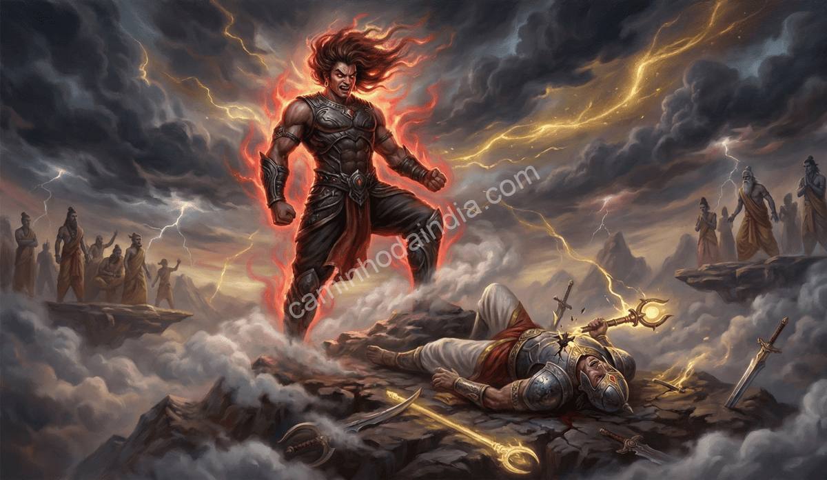 Hiranyaksha derrotando os deuses em batalhas e assumindo o controle dos mundos celestiais