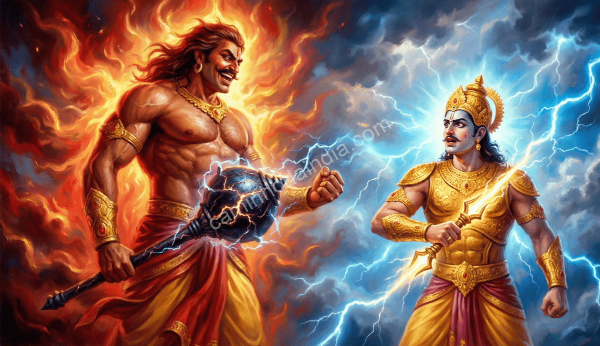 Hiranyaksha desafiando Indra e ameaçando tomar seu trono em breve