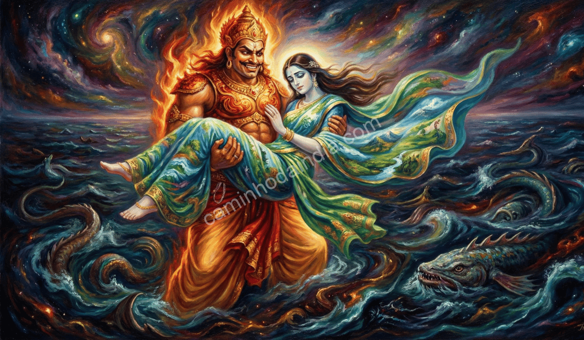 Hiranyaksha sequestrando Bhumidevi, a deusa da Terra, e levando-a ao oceano cósmico