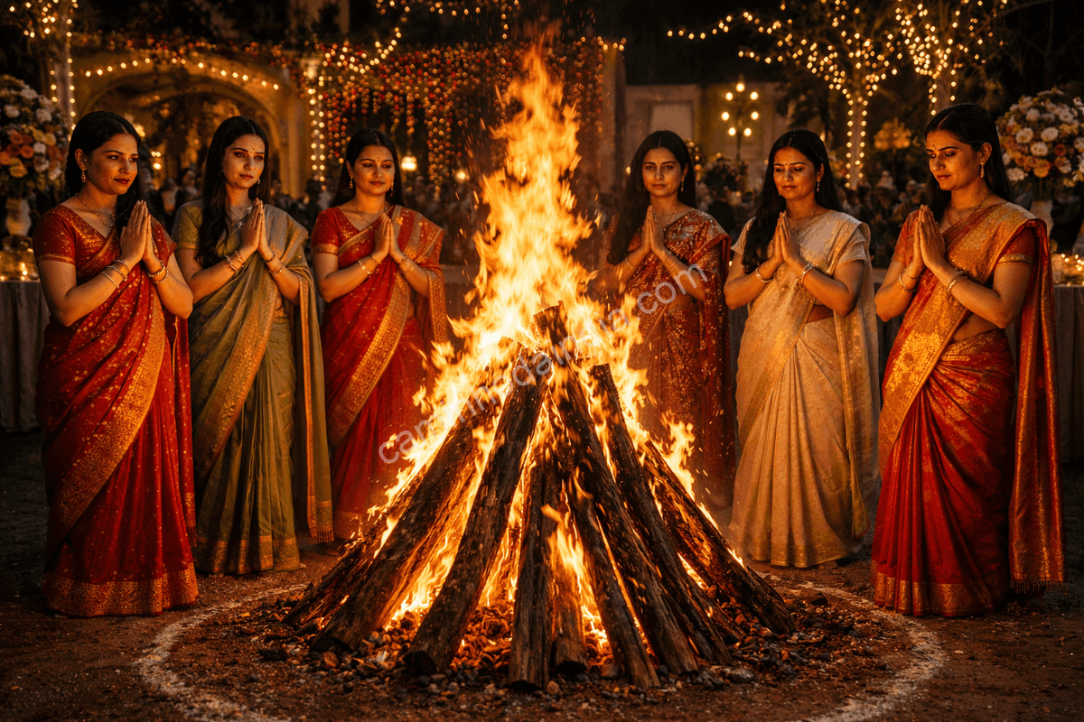 holika-dahan-noturna-mulheres-em-oracao Cena de Holika Dahan em um filme de Bollywood, mostrando uma grande fogueira ritual com pessoas reunidas em oração