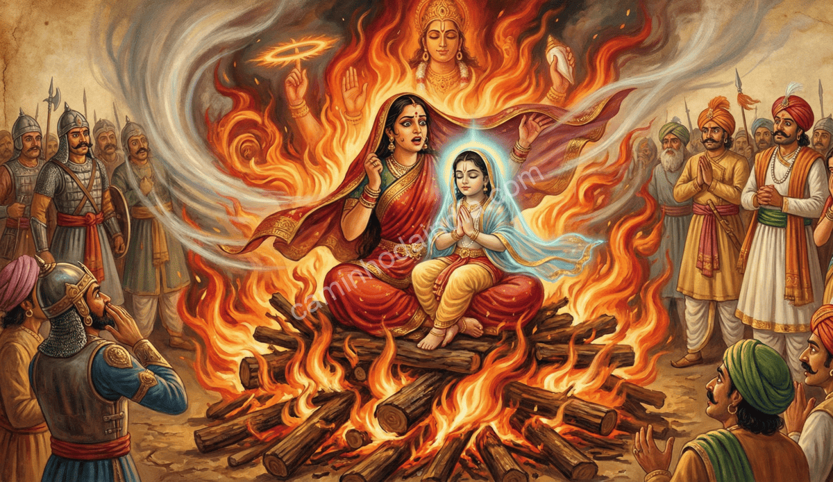 Ilustração de Holika sentada na fogueira tentando matar Prahlada, enquanto Vishnu protege o menino devoto das chamas