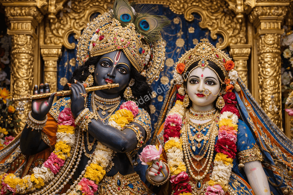 idolos-krishna-radha-templo-iskcon Ídolos de Krishna e Radha em um templo, ricamente adornados com vestes coloridas, joias e guirlandas florais durante o darshan