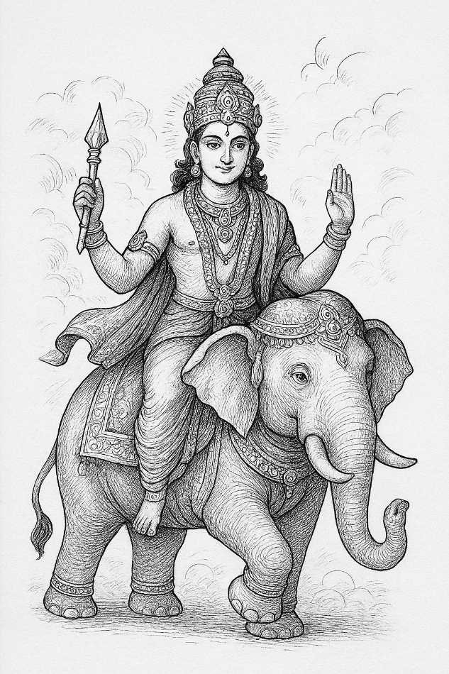 indra-elefante-airavati Indra, rei dos deuses, sentado em seu elefante Airavati