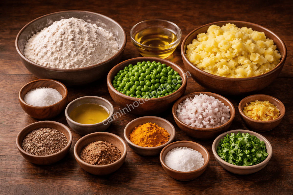Ingredientes essenciais para preparar samosa organizados sobre a mesa